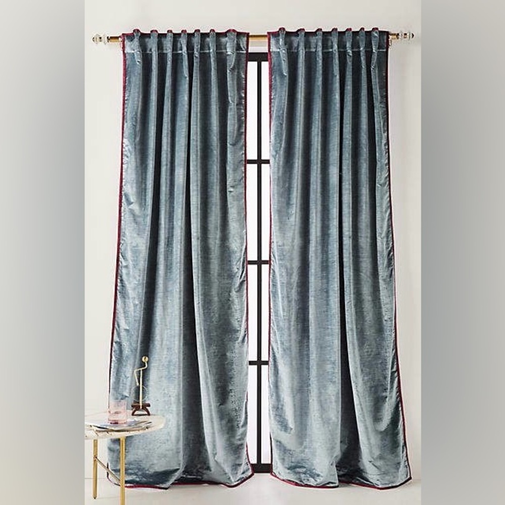 Anthropologie Blue Velvet Curtains with burgandy trim Two Panels